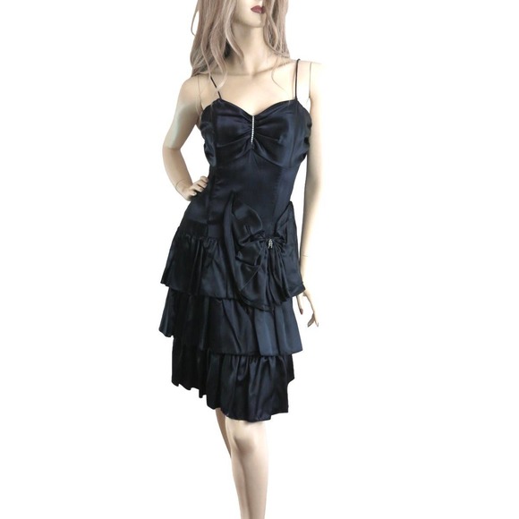 Wayne Diamond Dresses & Skirts - 80s Black Satin Drop Waist Tiered Party Dress S
